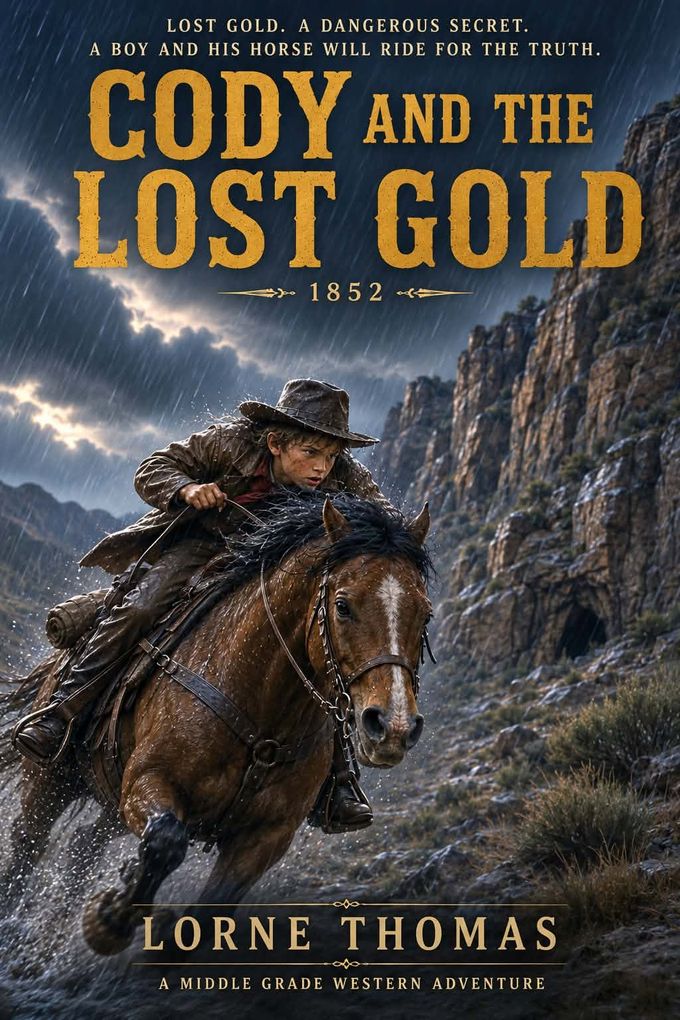 Book cover: Cody and the Lost Gold by Lorne Thomas — a boy riding a galloping horse through a rain-swept canyon.