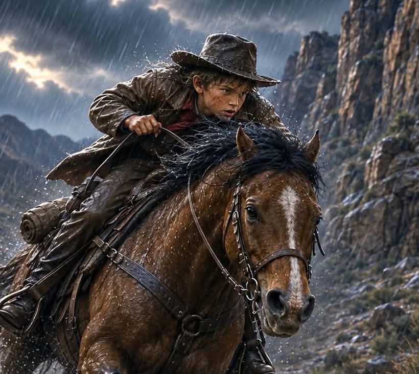 Illustration detail: Cody riding hard through the rain along a canyon trail.